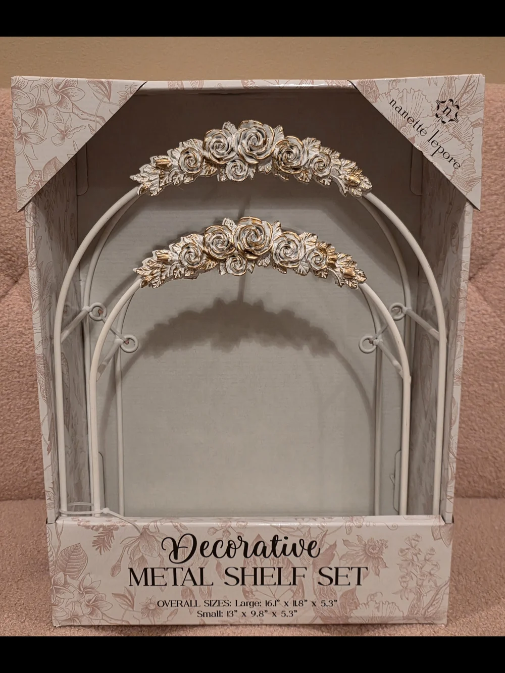 Nanette Lepore White and Gold Floral Arch Metal Shelf Set